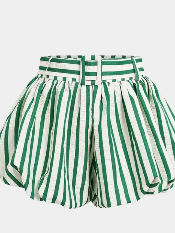 Green And White Striped Balloon Shorts With Belt